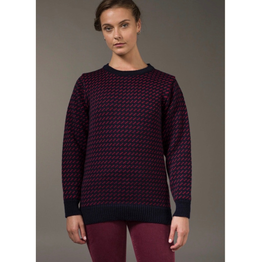 Aran Crafts Ireland 100% Wool Birdseye Knit Sweater Navy Blue Red XL Pullover